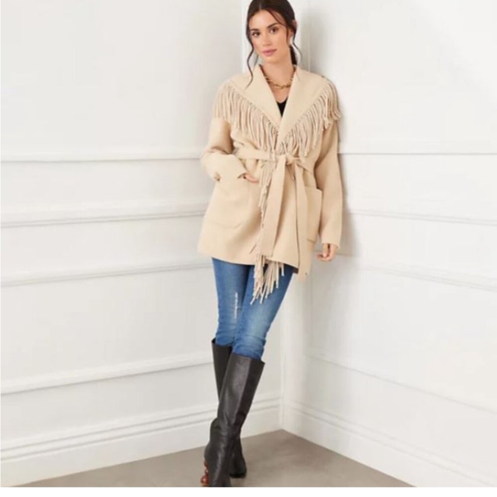 Karen Kane Belted Fringe Jacket – Beige L - NWOT